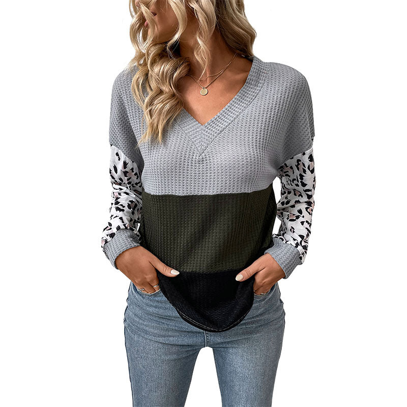 New Casual Fashion Top Long Sleeve V-Neck Leopard Print Contrast Knit Sweater - FITzzE rghbeu-b4.myshopify.com New Casual Fashion Top Long Sleeve V-Neck Leopard Print Contrast Knit Sweater