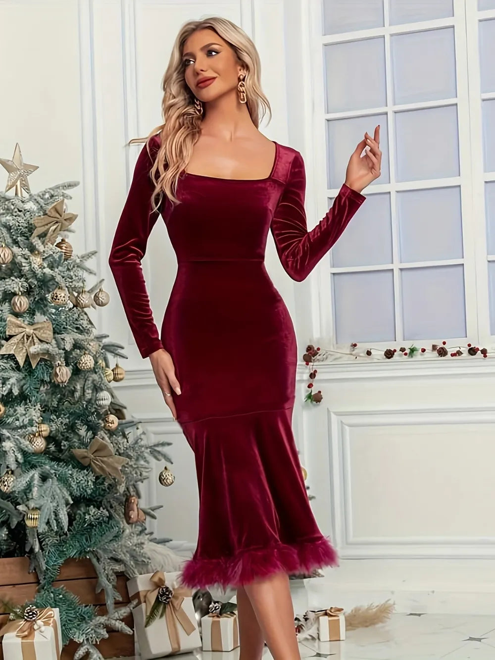 Plush Hem Square Neck Long Sleeve Dress | Fitzze eprolo rghbeu-b4.myshopify.com Plush Hem Square Neck Long Sleeve Dress | Fitzze