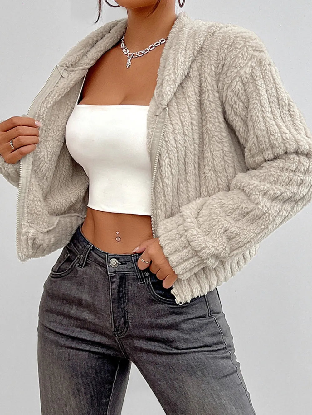 Zip Up Long Sleeve Fuzzy Hooded Jacket - FITzzE rghbeu-b4.myshopify.com Zip Up Long Sleeve Fuzzy Hooded Jacket