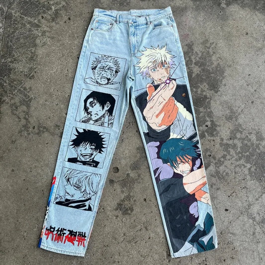 Y2K jeans men Harajuku Anime Hip Hop print pattern jeans high waisted jeans biggest streetwear ropa aesthetic wide leg trousers - FITzzE