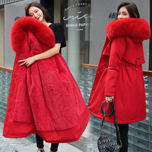 Korean version of long and medium length big fur collar with fleece jacket cotton jacket for women's fashion - FITzzE
