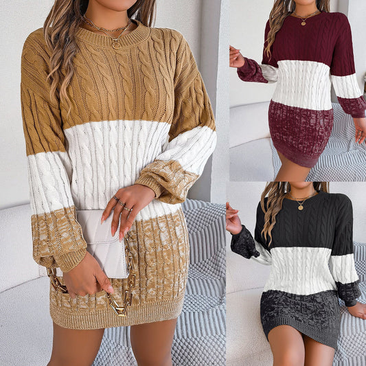 Women’s Autumn/Winter Casual Sweater Dress – European & American Style with Color Matching Twisted Lantern Sleeves eprolo