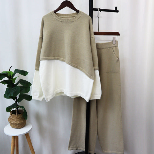 Color Block Knitted Sweater & Wide Leg Pants Set – Cozy Two-Piece Autumn Winter Outfit for Women eprolo