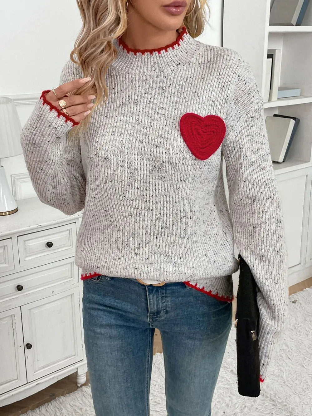 Perfee Contrast Heart Round Neck Long Sleeve Sweater eprolo