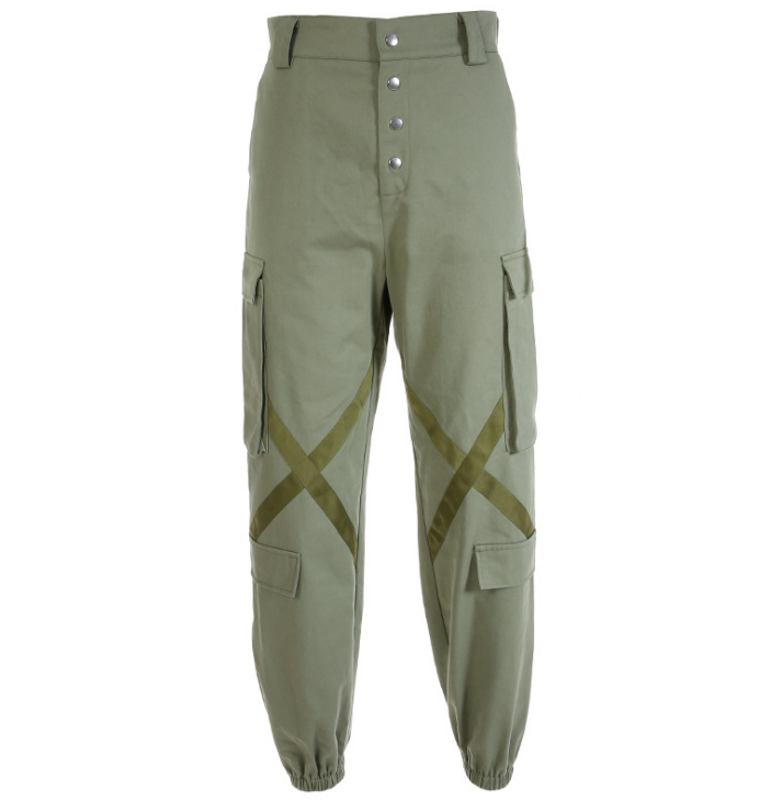 Waatfaak Elastic High Wasit Cargo Pants Women Long Green Cotton Pants Pockets Patchwork Military Button Splice Pantalon Femme - FITzzE