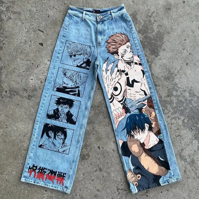 Y2K jeans men Harajuku Anime Hip Hop print pattern jeans high waisted jeans biggest streetwear ropa aesthetic wide leg trousers - FITzzE