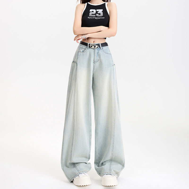 Tencel Wide-Leg Patchwork Jeans Spring Soft Skin-Friendly Drapey Knife-Edge Straight Leg Floor-Length Pants - FITzzE