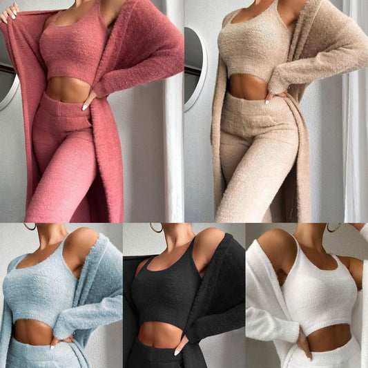Autumn And Winter Knitted Plush Comfortable Women's Suit Sexy V-neck Short Crop Top Cardigan Sweater Trousers Three-piece Set - FITzzE