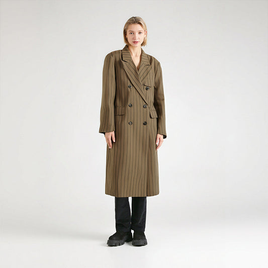 Women’s Double-Breasted Long Over-the-Knee Coat – Loose Silhouette Striped Contrast Top in Khaki eprolo