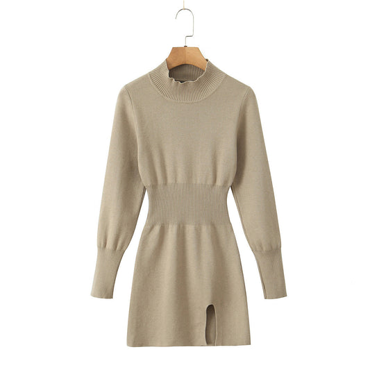 American spicy girl sexy pure desire hip hugging short skirt, half high neck split knit dress eprolo