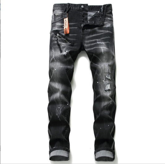 Black and gray paint with torn holes wild zipper decoration personalized new jeans for men - FITzzE