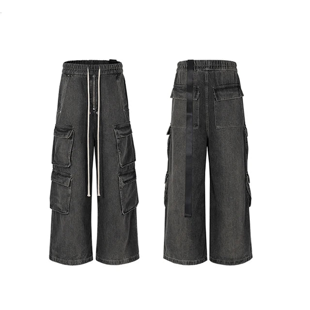 RO Style Gradient Ribbons Multi-pockets Drawstring Jeans for Men Harajuku Streetwear Baggy Y2K Denim Trousers Oversized Cargos - FITzzE