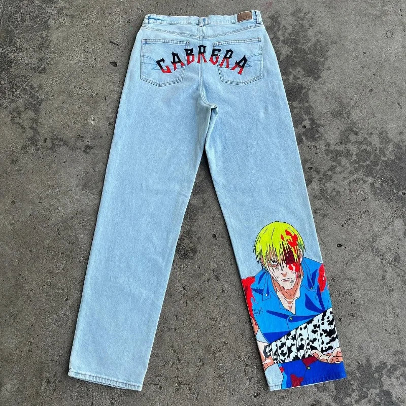 Y2K jeans men Harajuku Anime Hip Hop print pattern jeans high waisted jeans biggest streetwear ropa aesthetic wide leg trousers - FITzzE