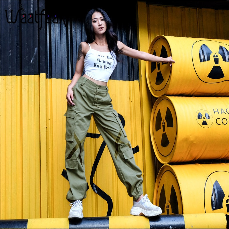 Waatfaak Elastic High Wasit Cargo Pants Women Long Green Cotton Pants Pockets Patchwork Military Button Splice Pantalon Femme - FITzzE