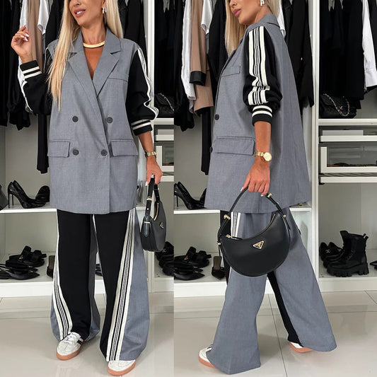 Fitzze Women’s Patchwork Double-Breasted Suit – Loose Fit Long-Sleeve Two-Piece Set eprolo