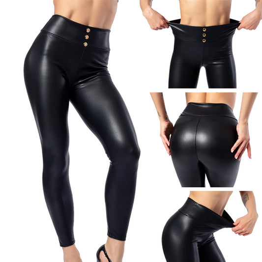 Everbellus Women Sexy Faux Leather Leggings with Button High Waist Thin & Thick Push Up Solid Black Slim PU Leggins Plus Size - FITzzE