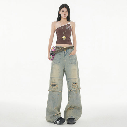High Street Post-Apocalyptic Style Distressed Denim Pants for Men and Women, Loose Washed Vintage Wide-Leg Trousers - FITzzE