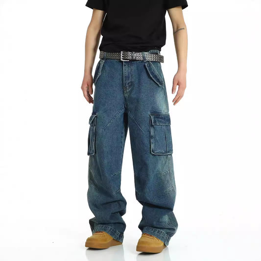 American retro multi pocket heavy-duty jeans men's washed and worn pants street hip-hop high waisted straight leg work pants - FITzzE