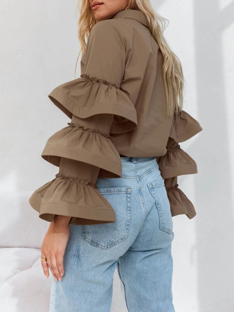 White niche design with ruffle edge and long sleeved temperament for women's shirts - FITzzE