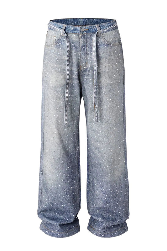 Washed Loose Wide-Leg Printed Jeans – Sparkling Diamond Drop Design Straight-Leg Denim for Women eprolo
