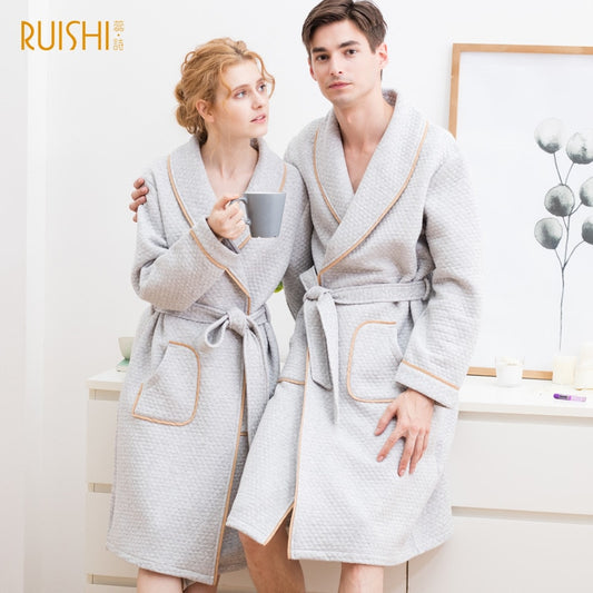 J&Q mall robe warm air cotton sandwich couple pajamas long sleeve drop shipping men and women bathrobe pure cotton nightgown - FITzzE
