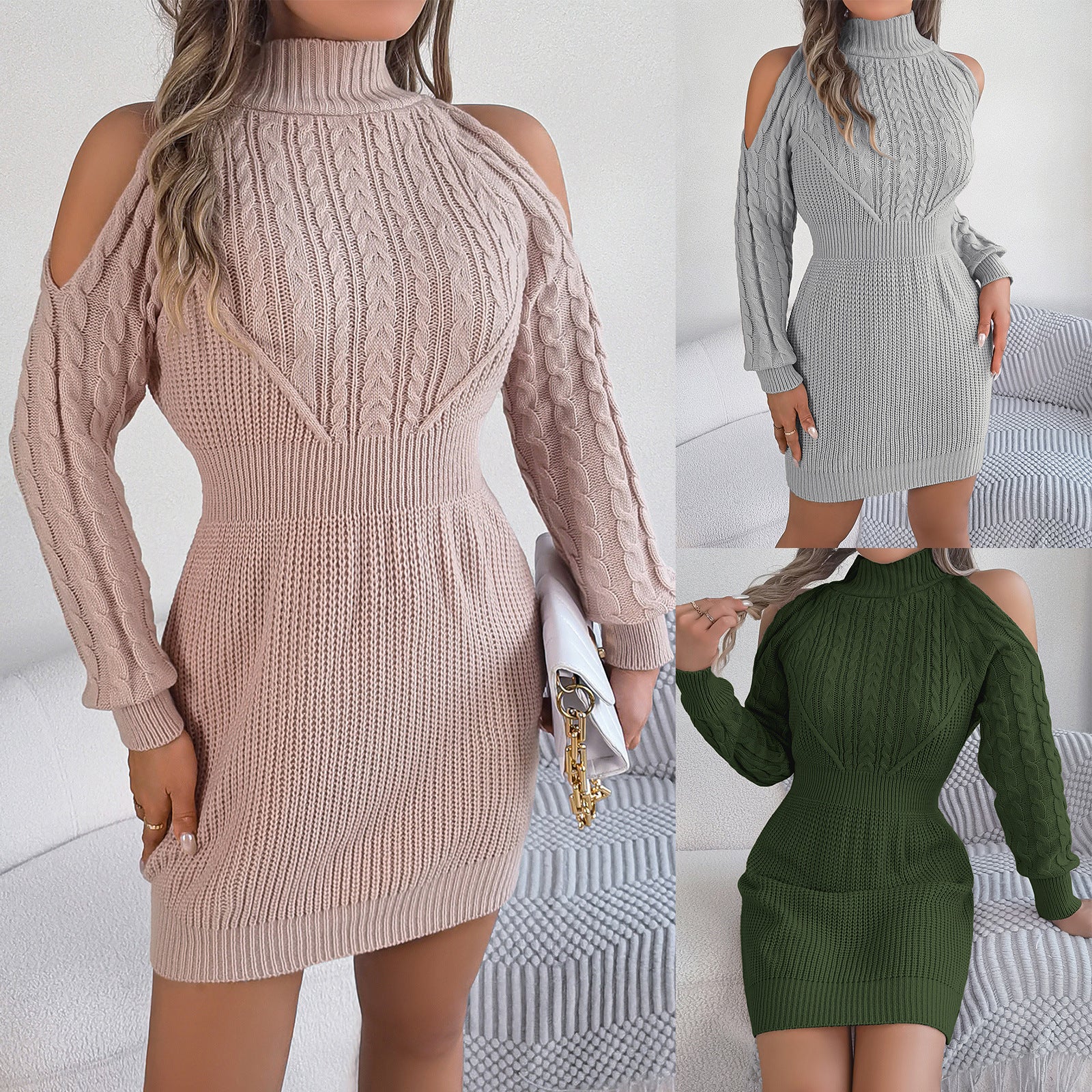 Women’s Autumn/Winter Casual Off-Shoulder Sweater Dress – Half-High Collar with Twisted Lantern Sleeves & Hip-Wrapped Design eprolo