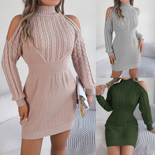Women’s Autumn/Winter Casual Off-Shoulder Sweater Dress – Half-High Collar with Twisted Lantern Sleeves & Hip-Wrapped Design eprolo