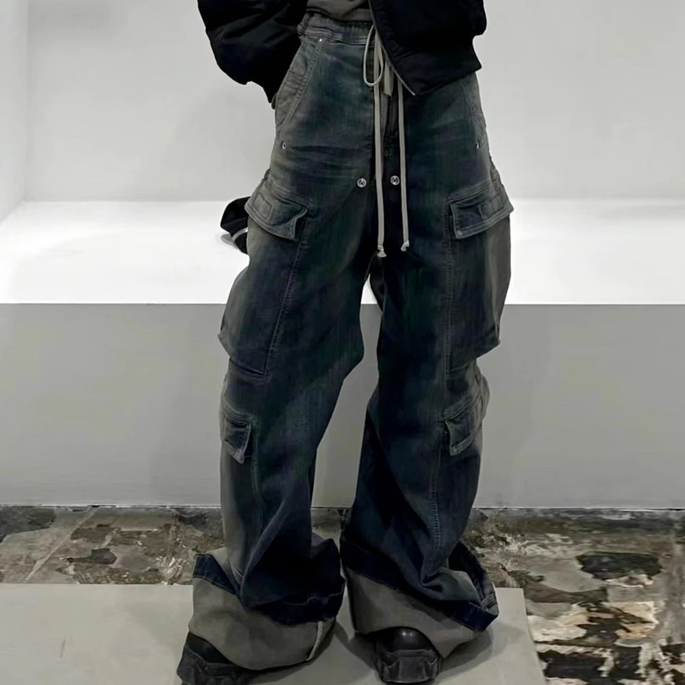 RO Style Gradient Ribbons Multi-pockets Drawstring Jeans for Men Harajuku Streetwear Baggy Y2K Denim Trousers Oversized Cargos - FITzzE