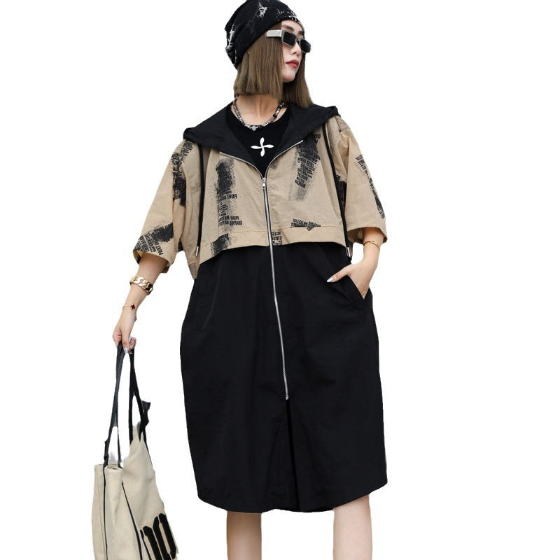Plus Size Women’s Color Block Spliced Jacket – Fake Two-Piece Medium Long Windbreaker for Autumn & Winter eprolo