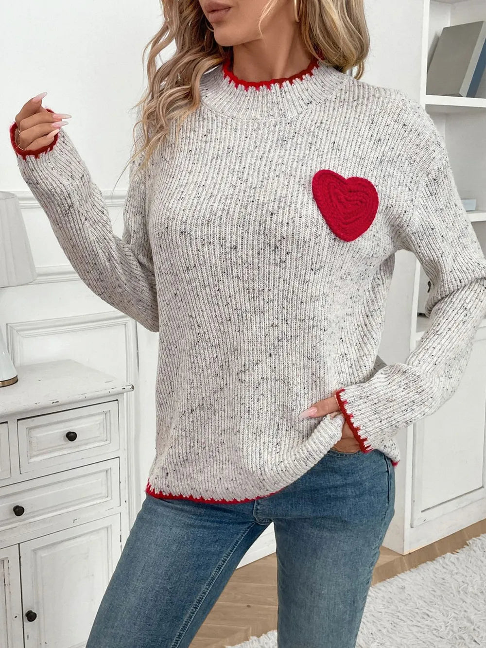Perfee Contrast Heart Round Neck Long Sleeve Sweater eprolo