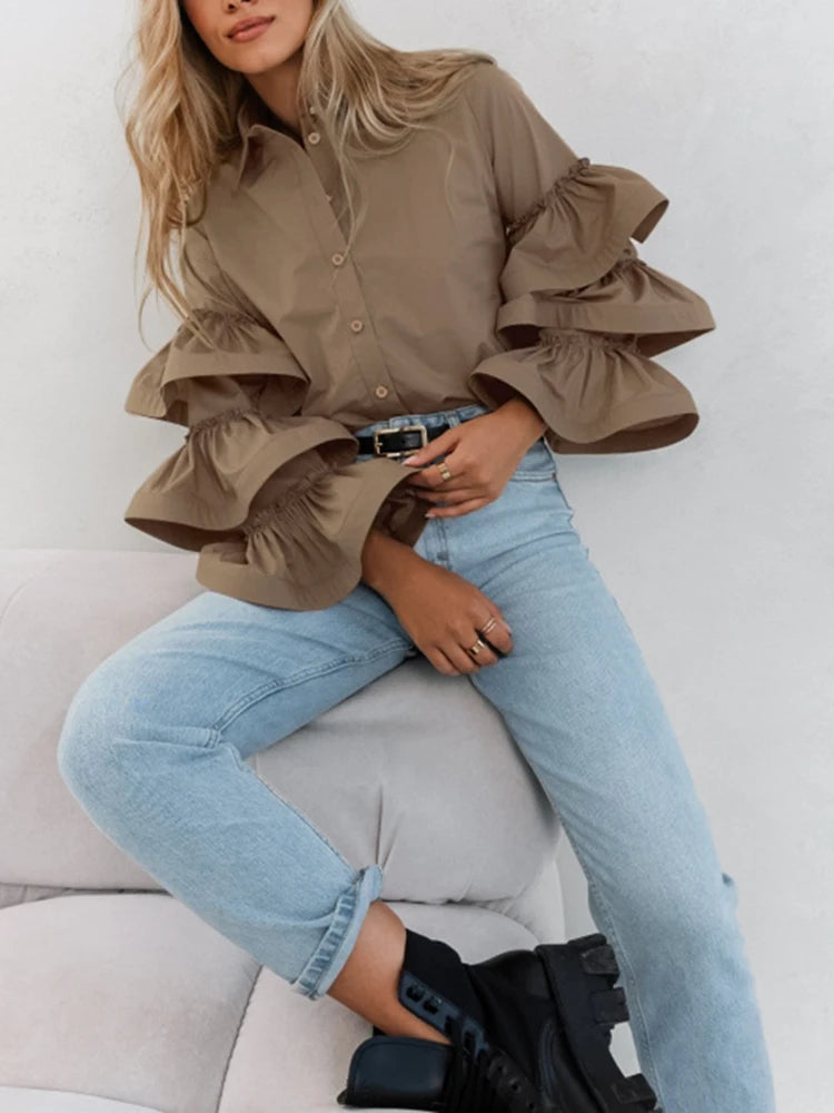 White niche design with ruffle edge and long sleeved temperament for women's shirts - FITzzE
