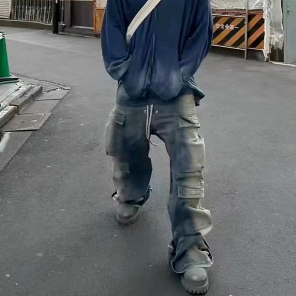 RO Style Gradient Ribbons Multi-pockets Drawstring Jeans for Men Harajuku Streetwear Baggy Y2K Denim Trousers Oversized Cargos - FITzzE