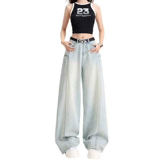 Tencel Wide-Leg Patchwork Jeans Spring Soft Skin-Friendly Drapey Knife-Edge Straight Leg Floor-Length Pants - FITzzE