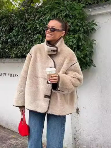 Women's French fashion versatile inlaid fleece loose casual short jacket eprolo