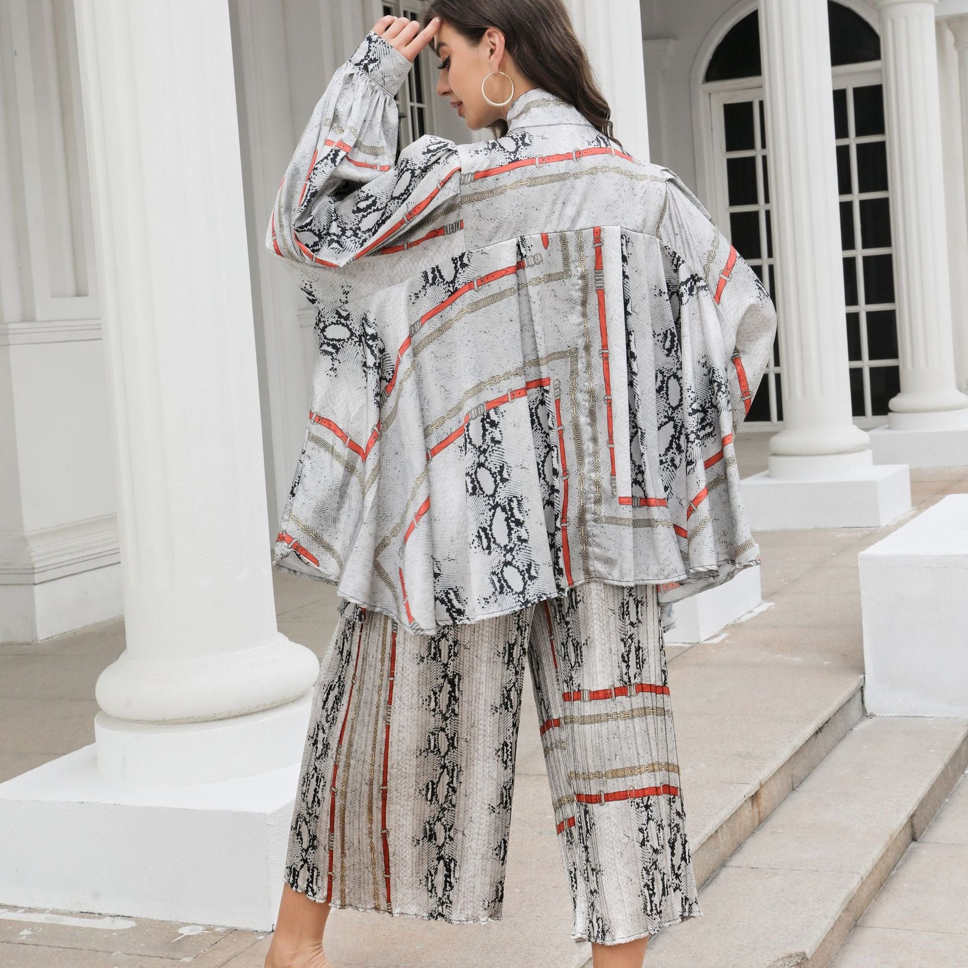 Silhouette cut lantern sleeves butterfly tie flowy belted printed trousers suit - FITzzE