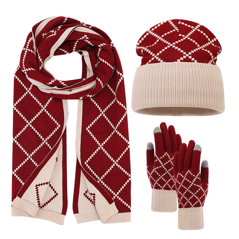 Adult Knitted Hat Glove Scarf Set Winter Men and Women Outdoor Cold proof Diamond Grid Knitted Hat - FITzzE