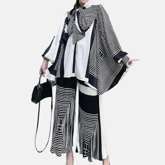 Silhouette cut lantern sleeves butterfly tie flowy belted printed trousers suit - FITzzE
