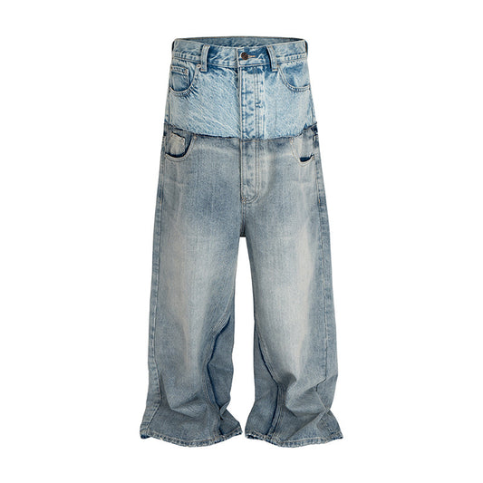 American High Street Design Double Layer Spliced Baggy Denim Trousers Loose Wide Leg Straight Jeans for Men - FITzzE