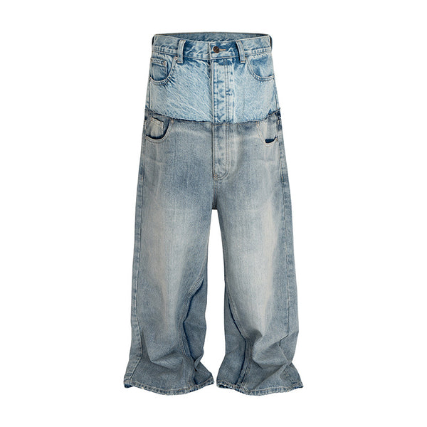 American High Street Design Double Layer Spliced Baggy Denim Trousers Loose Wide Leg Straight Jeans for Men - FITzzE