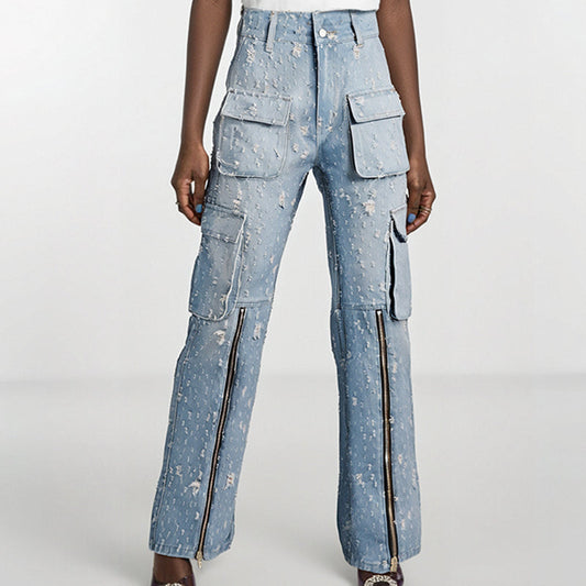 Autumn Trend Blue Ripped Distressed Multi-Pocket High Waist Denim Overalls – Street Style Essential for Women eprolo