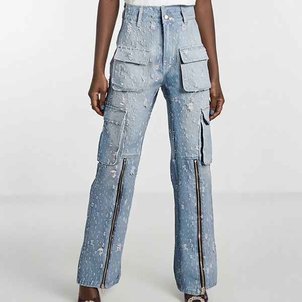 Autumn Trend Blue Ripped Distressed Multi-Pocket High Waist Denim Overalls – Street Style Essential for Women eprolo