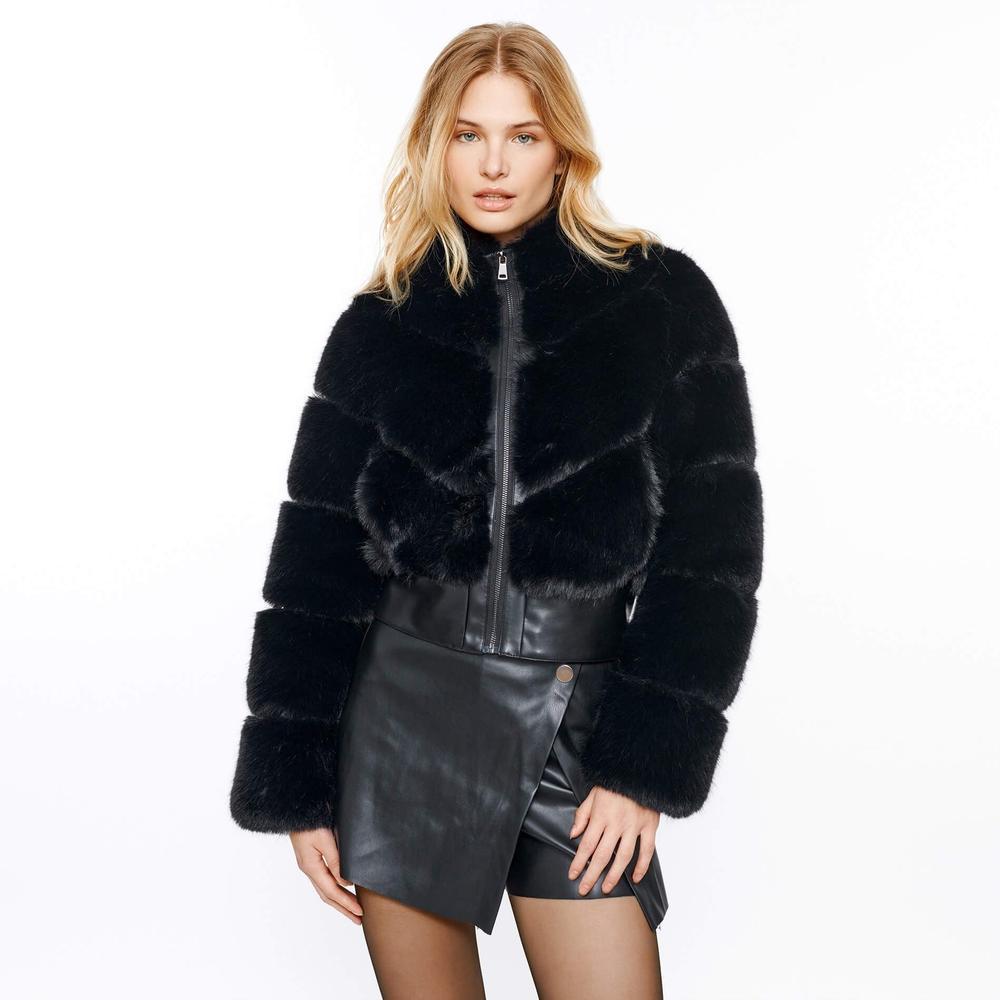 European and American jacket short style stand up collar spliced long sleeved jacket women's clothing - FITzzE