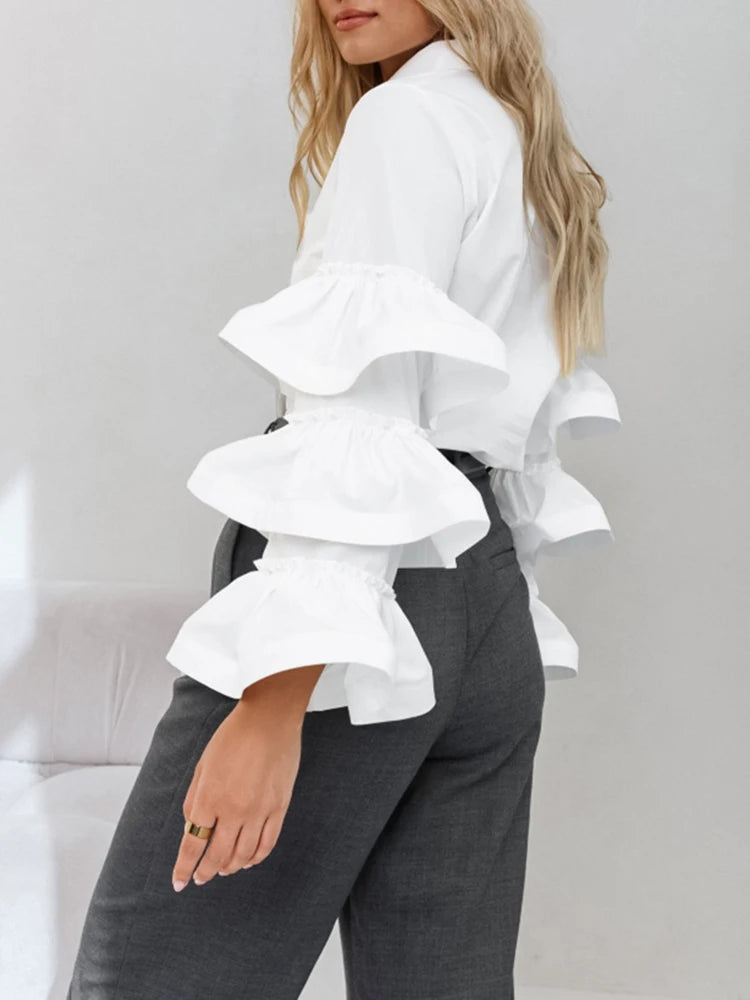 White niche design with ruffle edge and long sleeved temperament for women's shirts - FITzzE