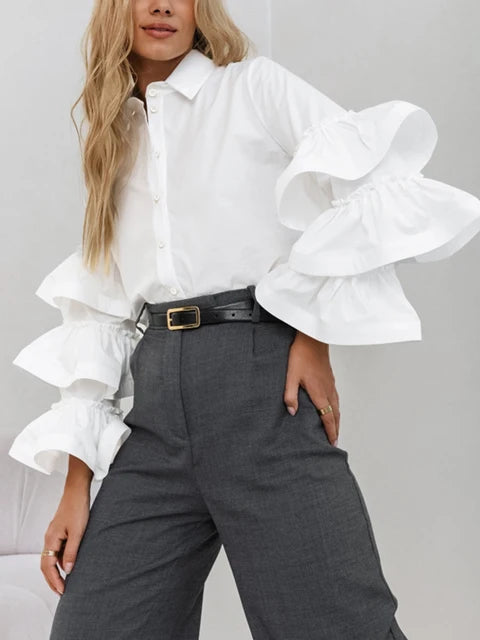 White niche design with ruffle edge and long sleeved temperament for women's shirts - FITzzE