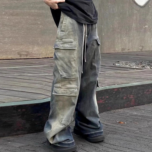RO Style Gradient Ribbons Multi-pockets Drawstring Jeans for Men Harajuku Streetwear Baggy Y2K Denim Trousers Oversized Cargos - FITzzE