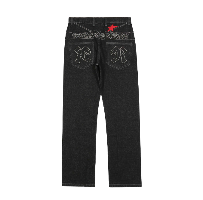 Made of old stickers star embroidery multi pocket jeans, men trendy brand loose wide leg straight leg pants eprolo