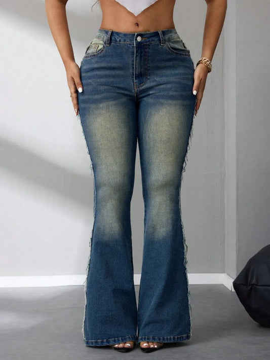Side Raw Hem Flare Jeans – Trendy High-Waist Denim with Vintage Street Style for Women eprolo