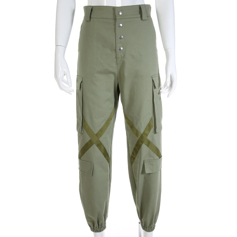 Waatfaak Elastic High Wasit Cargo Pants Women Long Green Cotton Pants Pockets Patchwork Military Button Splice Pantalon Femme - FITzzE