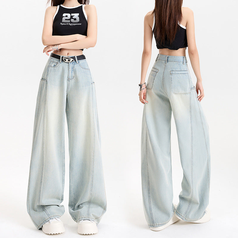 Tencel Wide-Leg Patchwork Jeans Spring Soft Skin-Friendly Drapey Knife-Edge Straight Leg Floor-Length Pants - FITzzE