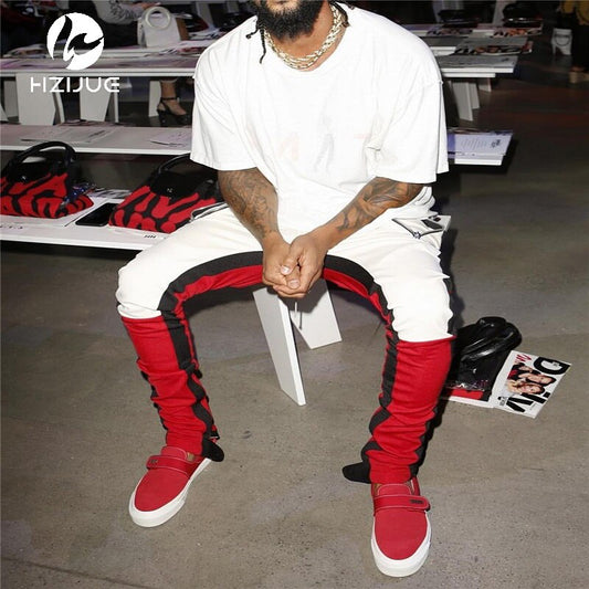 Vintage Color Block Patchwork Sweatpants Men's Hip Hop Side Zipper Casual Elastic Waist Joggers Pants Streetwear - FITzzE